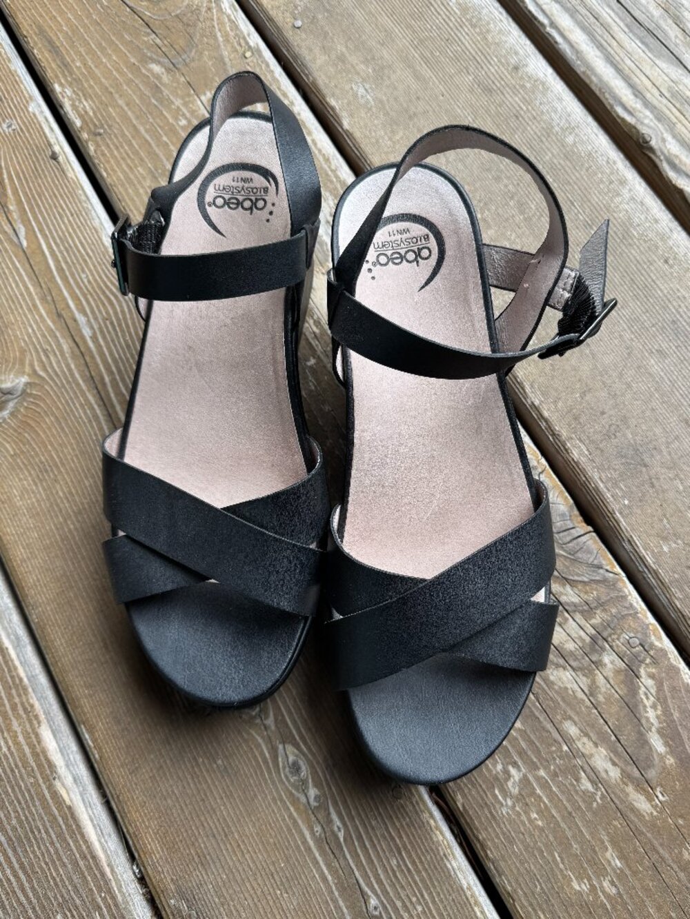 Abeo Hana Black Leather Comfortable Buckle Wedge Sandals in Women's 11N